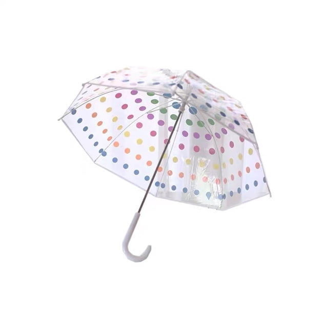 paraguas transparente de burbujas para niños con mango de fácil agarre, puntos mágicos, talla única — vista 3/4 frontal del dosel burbuja transparente con filas de puntos multicolor, varillas visibles y mango en J blanco con punta redondeada; abierto sobre fondo blanco, plegado mide 26 pulgadas para guardar, también suele usarse para sesiones de fotos infantiles por su dosel claro.