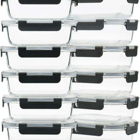 12 Pack 22oz Glass Meal Prep Containers, Food Storage Containers with Lids, Air-Tight, Leak-Resistant, Freezer to Microwave Safe - Grey Set