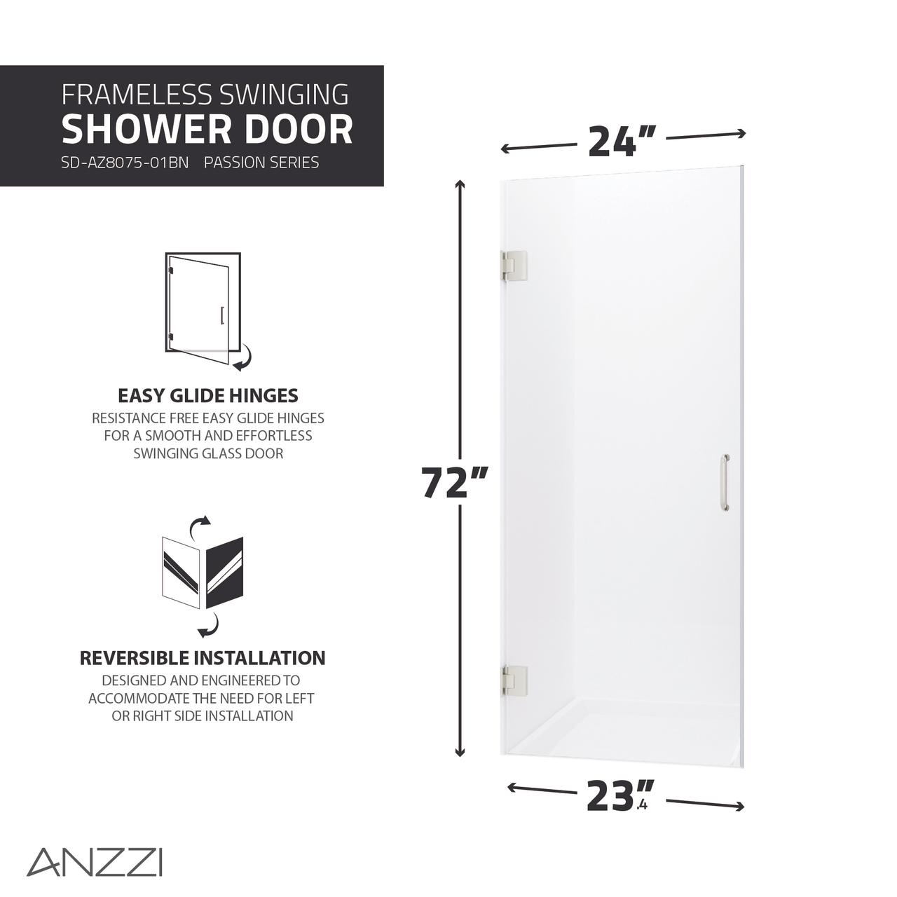 72" H x 24" W Hinged Frameless Shower Door Brushed Nickel w/ Frosted Glass