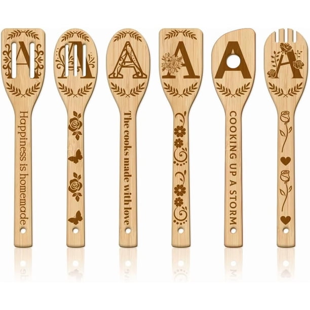 Juego de 6 utensilios de cocina de bambú con letras florales A, cucharas de cocina de madera grabadas, espátula de bambú para cocina con estampado floral, cuchara de cocina de madera