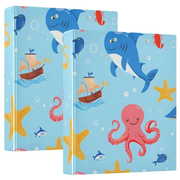 Octopus Fish Ship Starfish Hardcover 3 Ring Binder 1.5” Round Rings Letter Size Paper Pockets for School Office Supplies