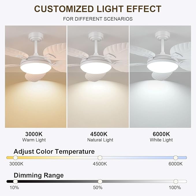 Kviflon 52" Tropical Ceiling Fan with LED Lights & Remote, Outdoor Palm Leaf Fan for Patios, Porch, Bedroom, Dimmable 6 Speeds, Reversible DC Motor, Smart App Control - White