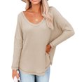 thumbnail image 1 of Top de manga larga con gofres para mujer, jersey de manga larga con cuello en V holgado informal a la moda, camiseta de Color sólido caqui XL, 1 of 6