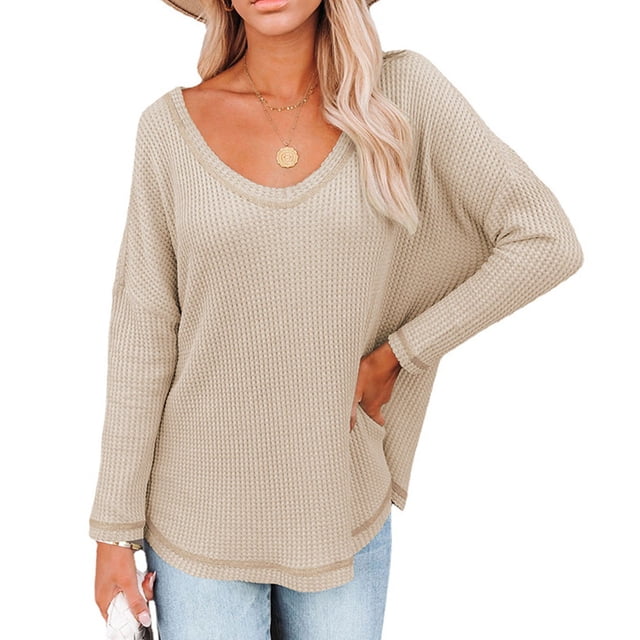 Top de manga larga con gofres para mujer, jersey de manga larga con cuello en V holgado informal a la moda, camiseta de Color sólido caqui XL