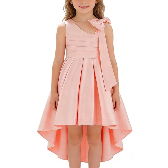 lnmuld Girls Cute Summer Dresses Elegant Girls formal Party Dress Sleeveless Satin Gown Featuring Detachable Bow and Tutu Train for Special Holiday Celebrations Color:Pink,Size:11-12 Years