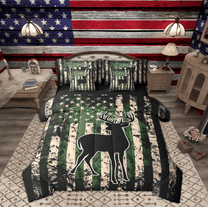 Manfei Reindeer Wildlife Adult Bedding Comforter Set 7-Piece, Vintage US Flag King Bedding Sets, Green Stripes Geometric Reversible Bed Sheets, Lightweight Room Decor