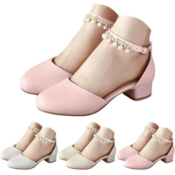 Dakaela Girls Heels Dress Shoes Kids Closed Toe Wedding Party School Pumps Pearl Ankle Strap Chunky Heel Sandals Beige Size 13