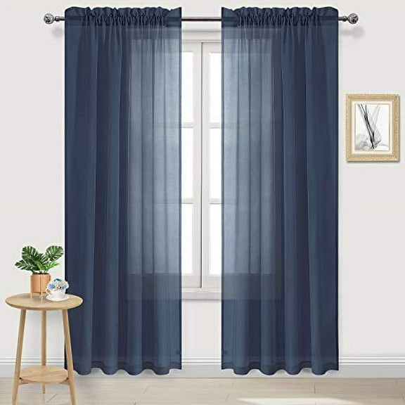 DWCN Navy Blue Sheer Curtains Semi Transparent Voile Rod Pocket Curtains for Bedroom and Living Room, 52 x 95 inches Long, Set of 2 Panels