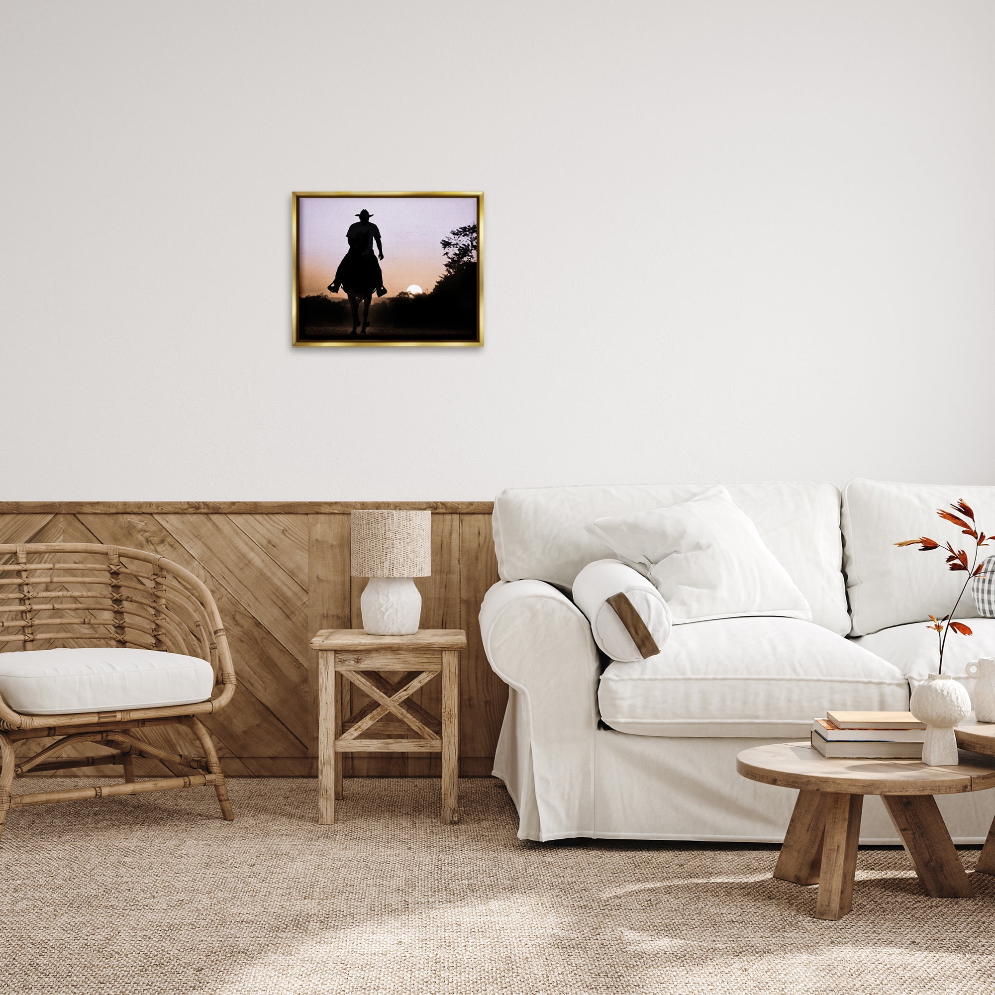 Stupell Industries Cowboy & Setting Sun Landscape Photography Gold Floater Framed Canvas Art Print Wall Art, 21 x 17