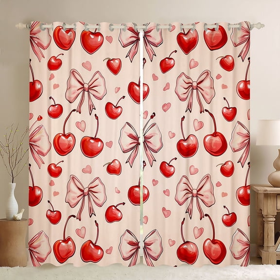 Erosebridal Pink Bow Cherry Black Out Curtains for Girls, Vintage Fashion Ribbon Curtains Pack of 2 (42x63 Each)
