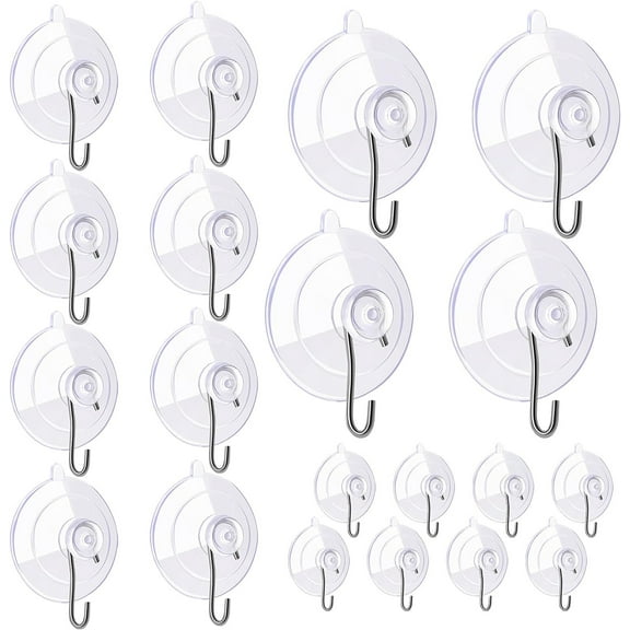 20PCS Small Suction Cups with Hooks Multi-Purpose Suction Cup Hooks Heavy Duty Clear Plastic Suction Hooks for Kitchen Bathroom Shower Wall Window Glass Door, 3 Size