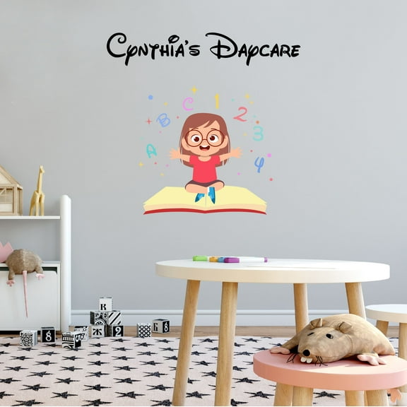 Personalized Name Day Care Wall Decal Cute Smiling Girl Sitting on a Book Daycare Wall Decal for Care Taker Education Cute Themed Room Décor - Size: 10 In x 9 In