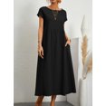 thumbnail image 1 of Lindbes Robe Maxi Élégante Unie pour Femmes Été à Manches Courtes Col Rond Vintage Harajuku Coton Lin Ample Robe d'Été Y2K avec Poches Longue Robe, 1 of 7