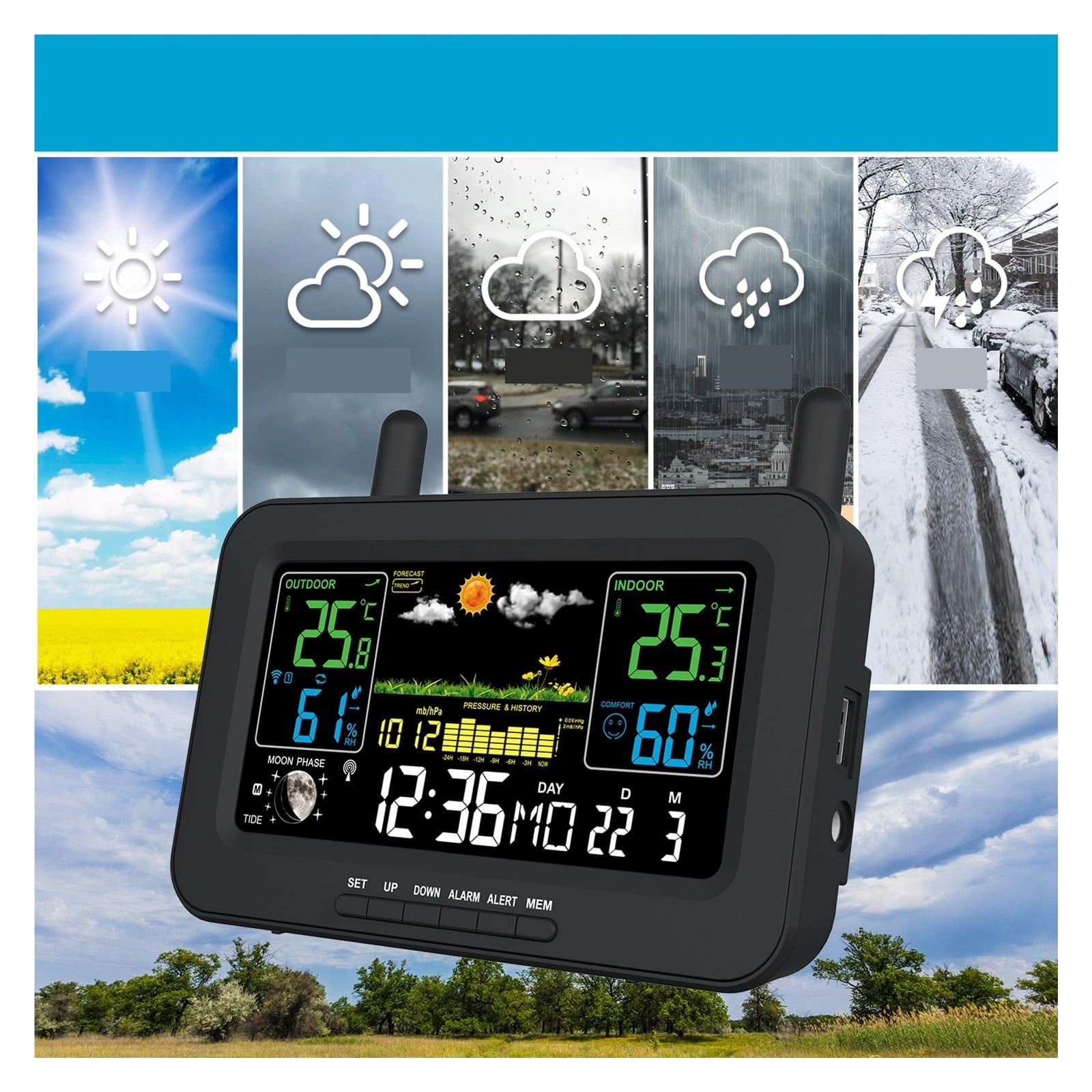 Wireless Indoor Outdoor Weather Station with USB Charging, Color Screen, Temperature Humidit - BLACK