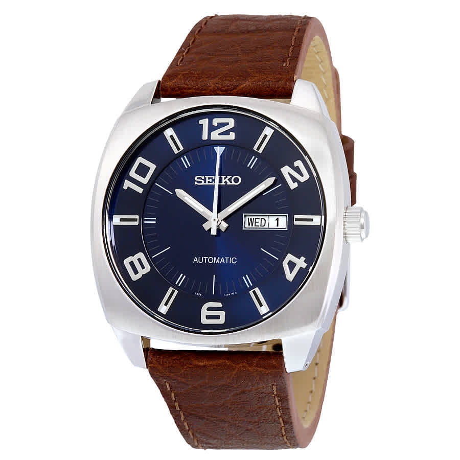 Seiko Men's Recraft Luminous Blue Dial Silver Tone Brown Leather Watch  SNKN37 