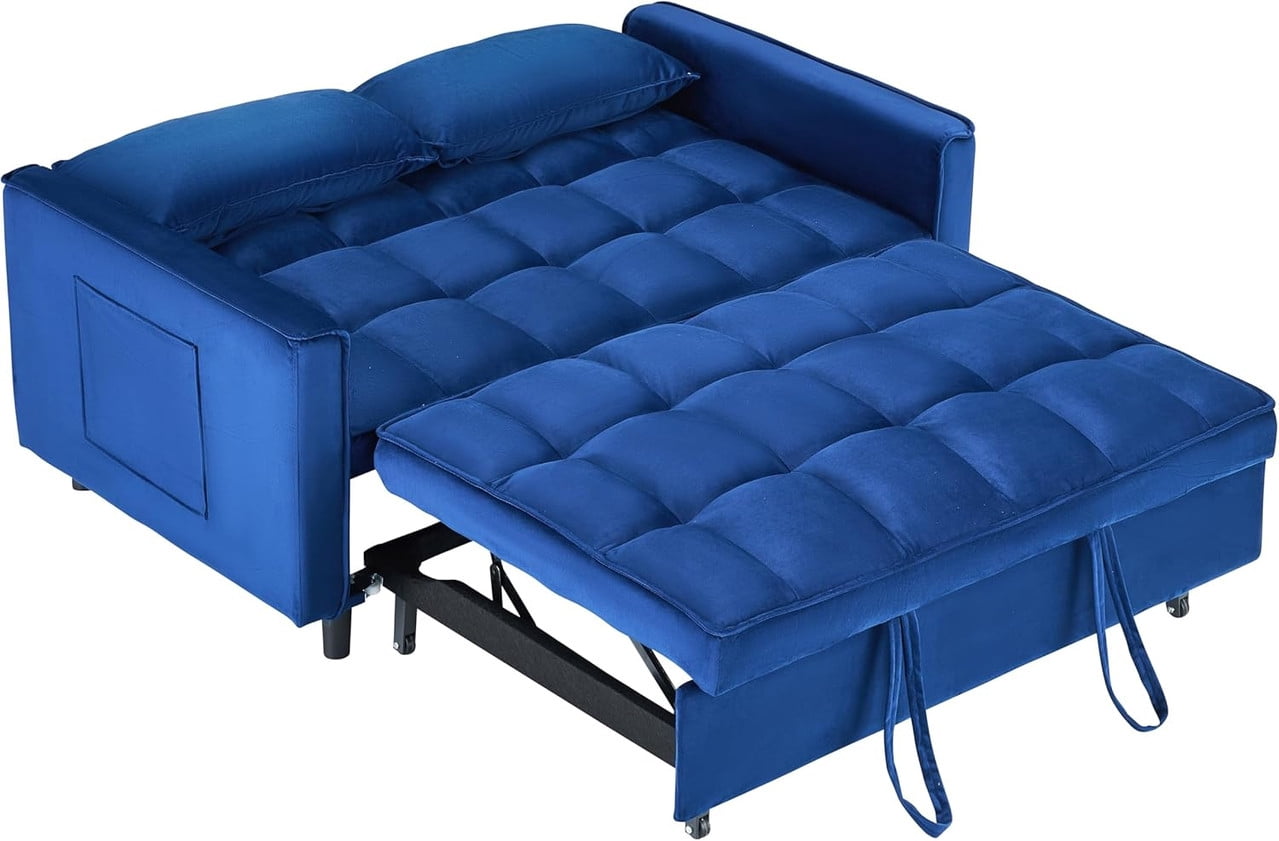 3 in 1 Convertible Sleeper Sofa Bed, 55" Modern Loveseat Pull Out Couch with Adjustable Reclining Backrest & Side Pockets, Velvet Loveseat for Living Room
