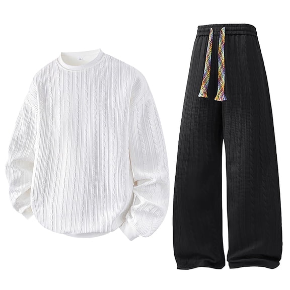 Yusimy Men's Solid Color 2-Piece Crew Neck Jacquard Set Long Sleeve Pocket Drawstring Pants Casual Minimalist