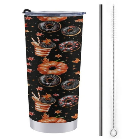 

ZHANGS Halloween Donuts Pumpkin Bucket-491 Coffee Tumbler Insulated Tumbler Cups with Lid and Straws Leak Proof Stainless Steel Coffee Thermos Mug for Hot/Cold Travel Car