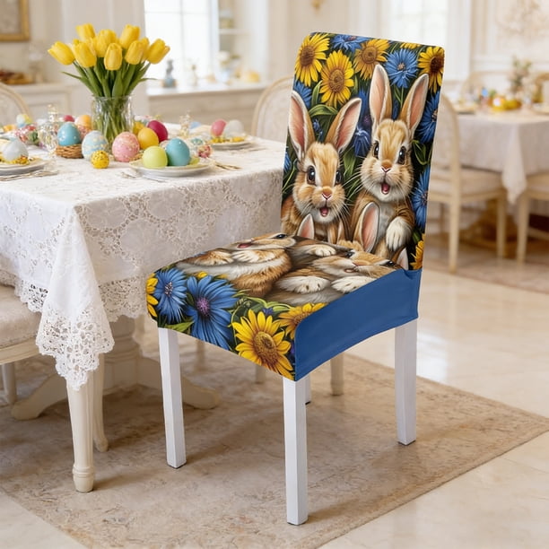 CaiYueKe Easter Bunny Chair Covers, Festive Dining Chair Decor for Holiday Party Spring Home Decorations, Washable Polyester Slipcovers for Kitchen Table Celebration Gathering