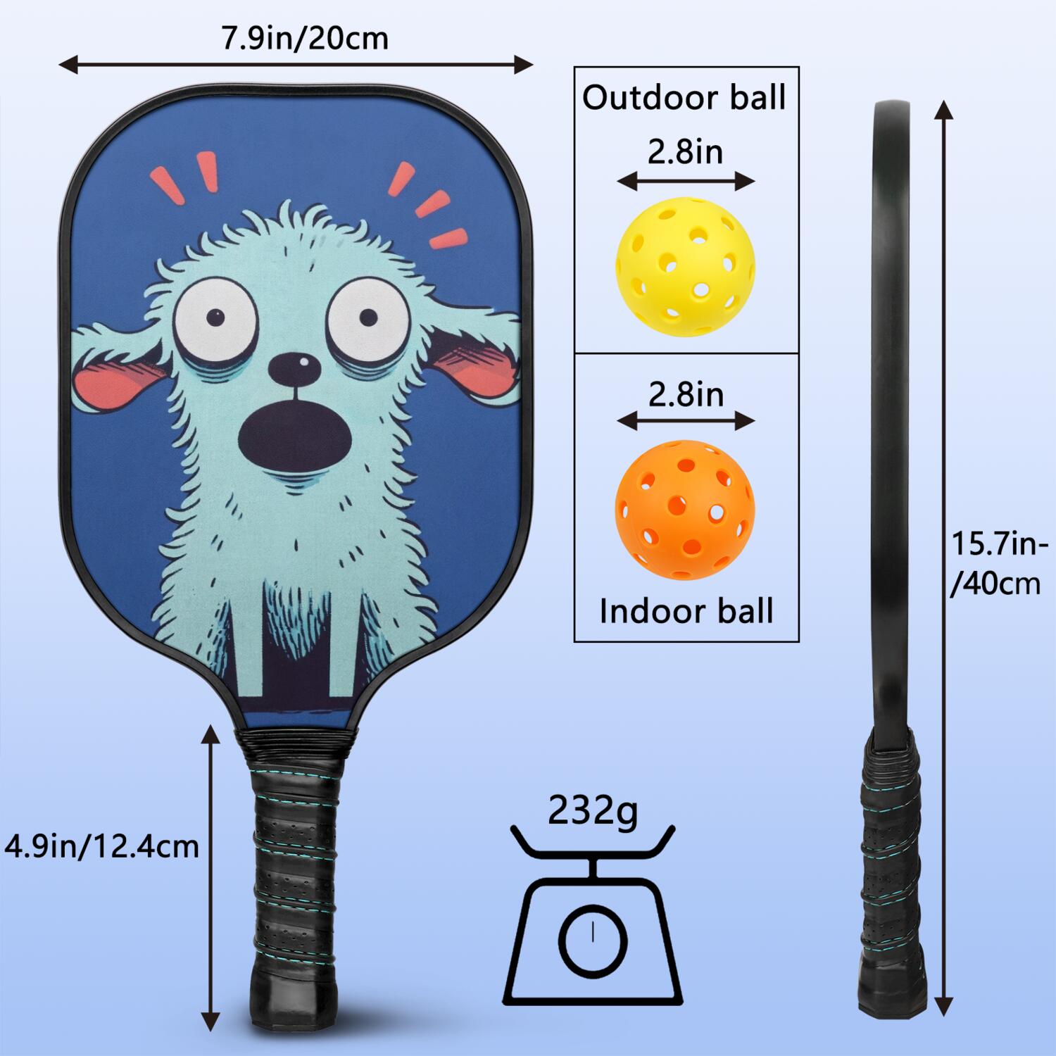 Pickleball Paddles Set Of 2, Fiberglass Surface, Astonished Dog Print, 4 Balls & Bag