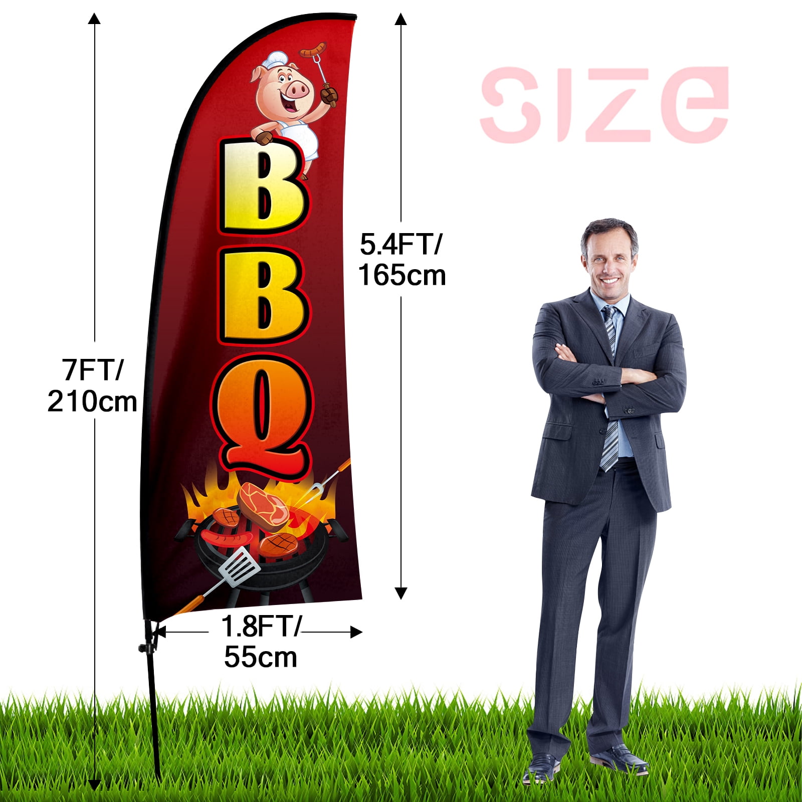 QSUM BBQ Sign Feather Flag with Pole Kit,7FT BBQ Decoration Display, BBQ Business Sign,BBQ Swooper Flag，Advertising Flag