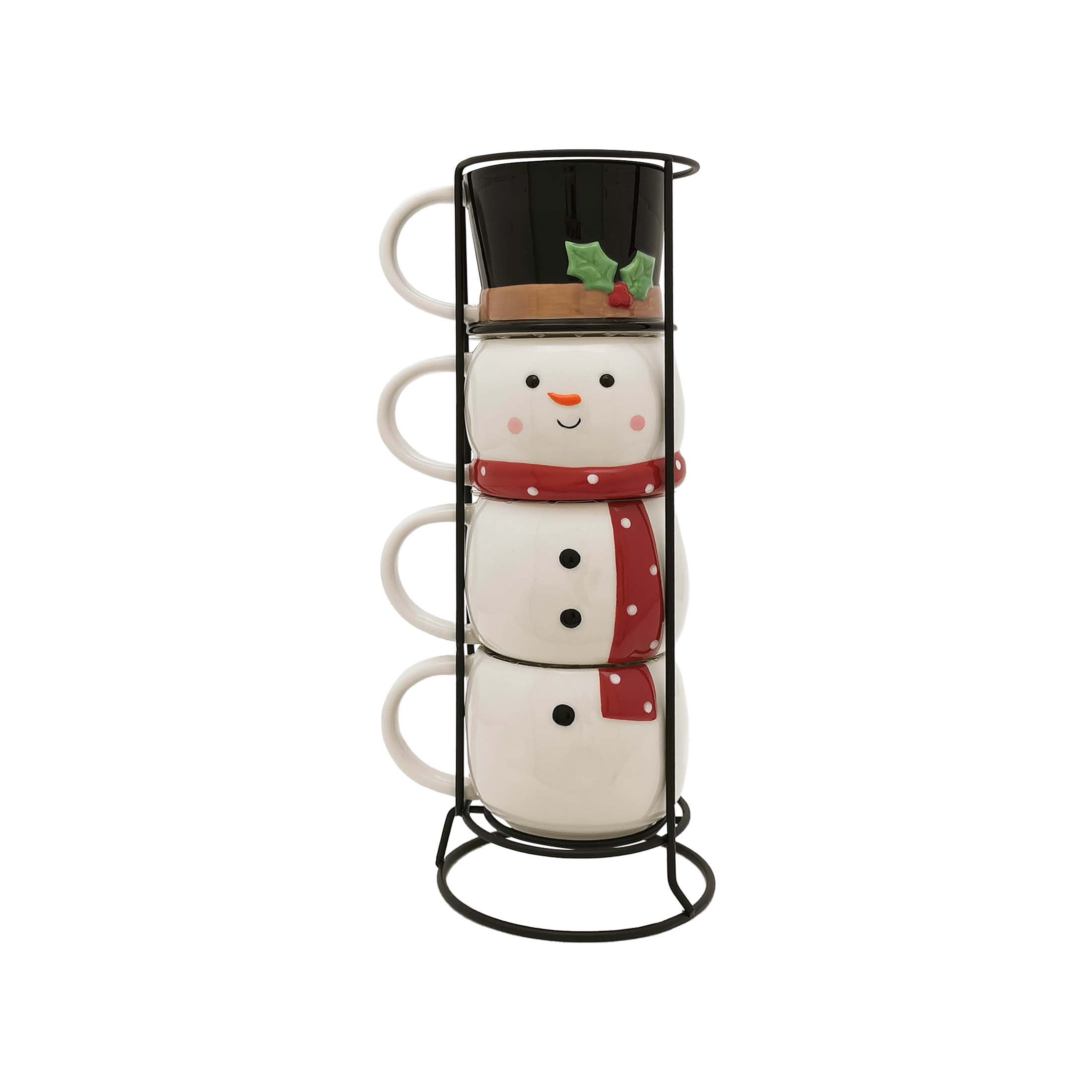 Holiday Time Snowman Mug Stack, 13.25" H, 13 fl oz capacity, Stoneware