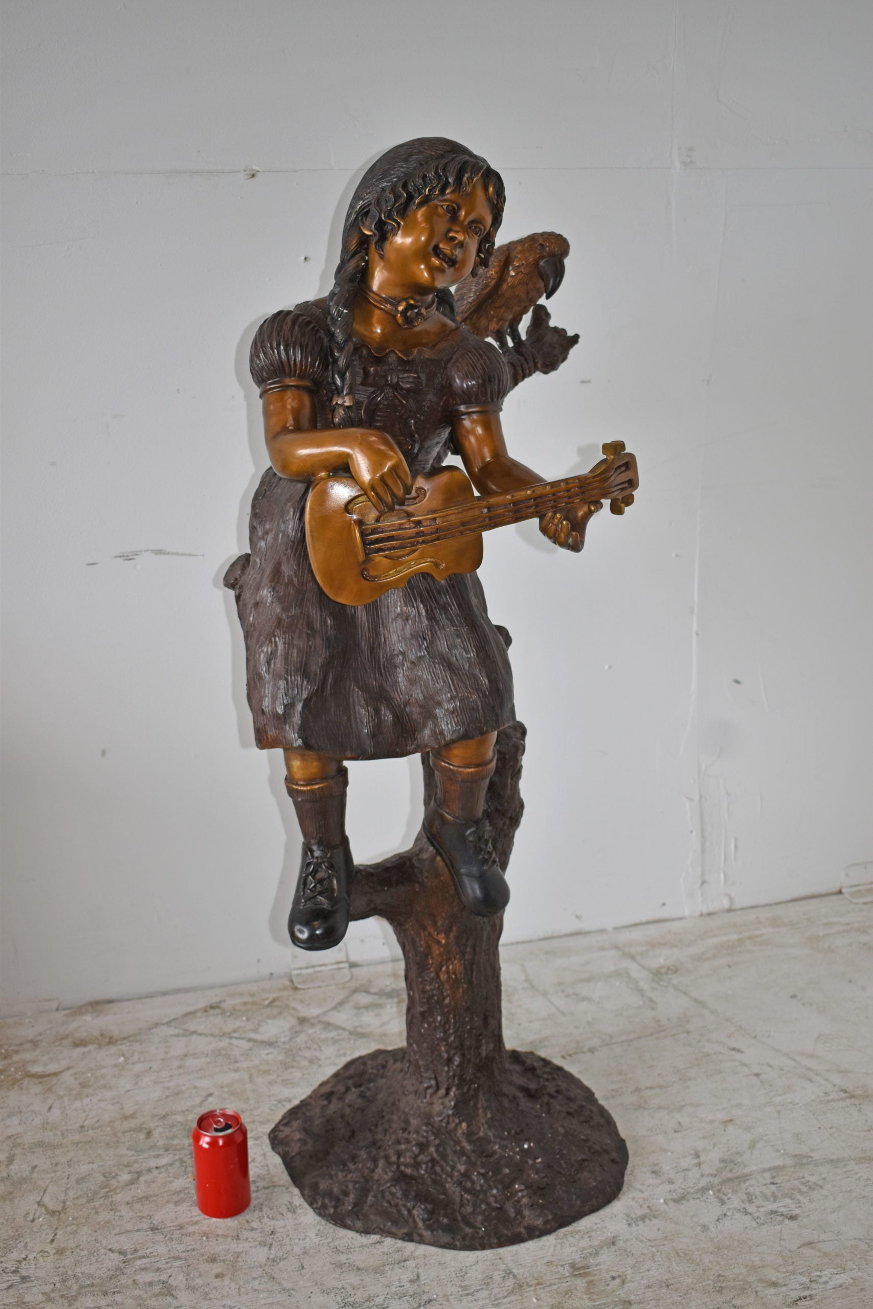 Nifao Girl on a Tree Playing the Ukulele with a Parrot Bronze Statue – Garden Outdoor Decor Sculpture, 25"L x 23"W x 50"H