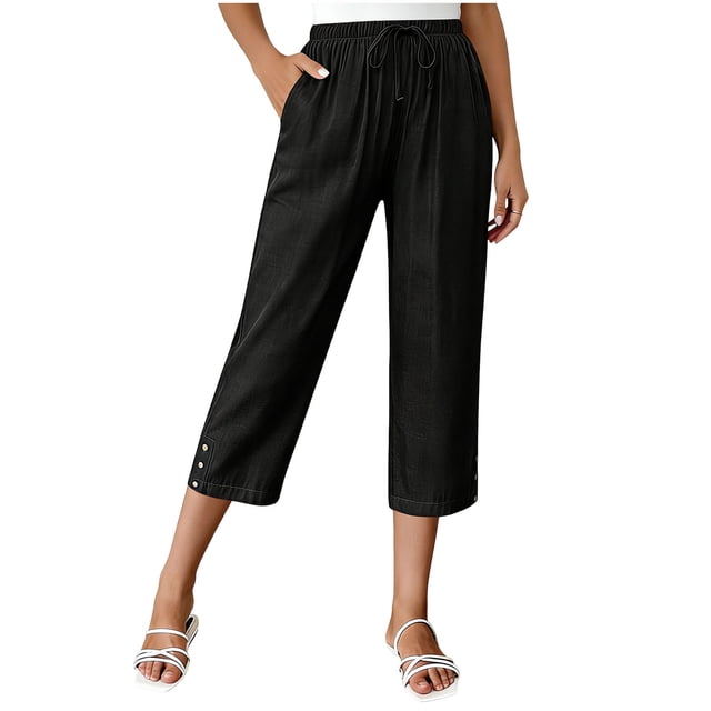 Pantalones de Cintura Elásticos de Pierna Ancha para Mujeres Trabajo Casual Pata Ancha Recortada Viaje Senderismo con Bolsillos Pantalon
