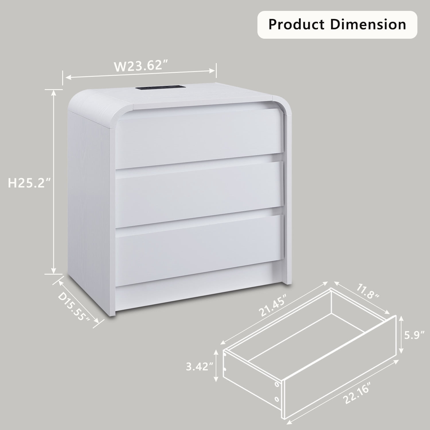 wow97e Modern Nightstand with Charging Station, 3 Drawer Wood Bedside Table w/Curved Profile Design for Bedroom