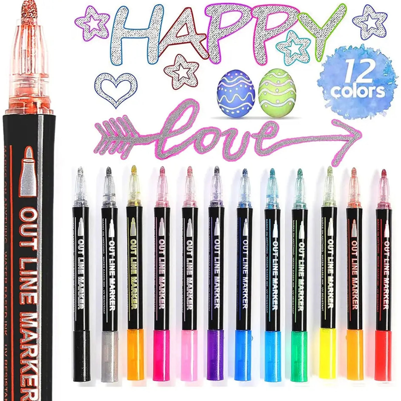 Sylvtty Dual-Tip Metallic Outline Pens Fluorescent Marker with Colorful Borders Smooth Tip Highlighters for Cards Crafts & Notes