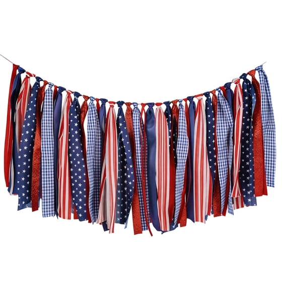 4th of July Garland -Star and Stripes Fabric Banner, Independence Day Party Decoration,Red White and Blue High Chair Banner, Patriotic Birthday Wreath,American Theme Party Photo Back Drop