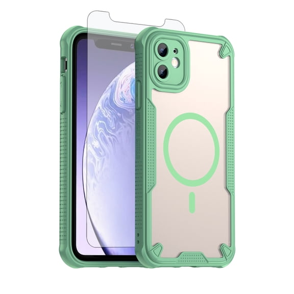Asuwish Phone Case for iPhone 11 6.1 Compatible with Magsafe Magnetic Tempered Glass Screen Protector Translucent Matte Back Shockproof Protective Cell Cover iphone11case iPhone11 11s Women Men Green