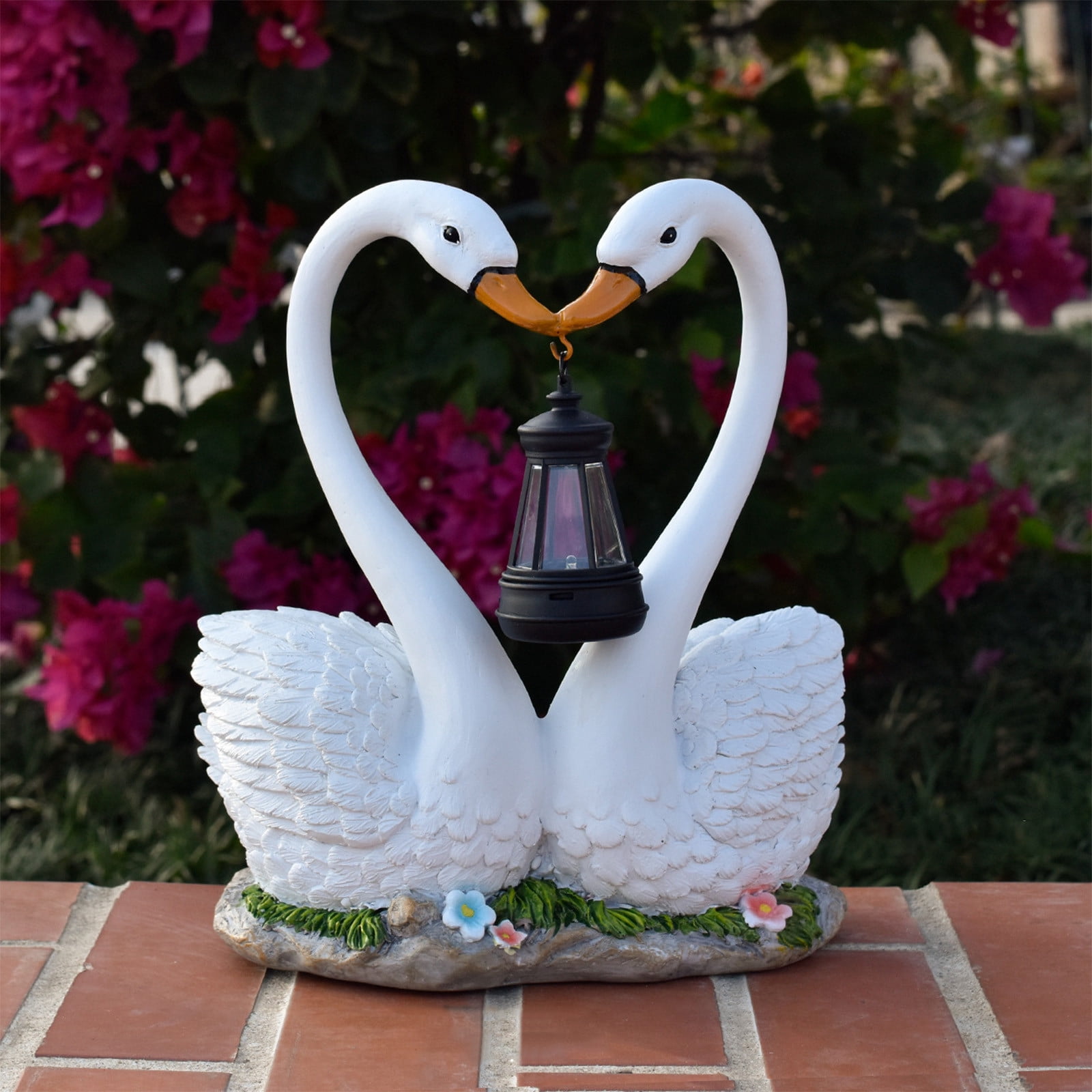Resin Swan Couple Garden Statue with Solar LED Lantern Waterproof Outdoor Love Heart Sculpture Romantic Yard Art Night Light