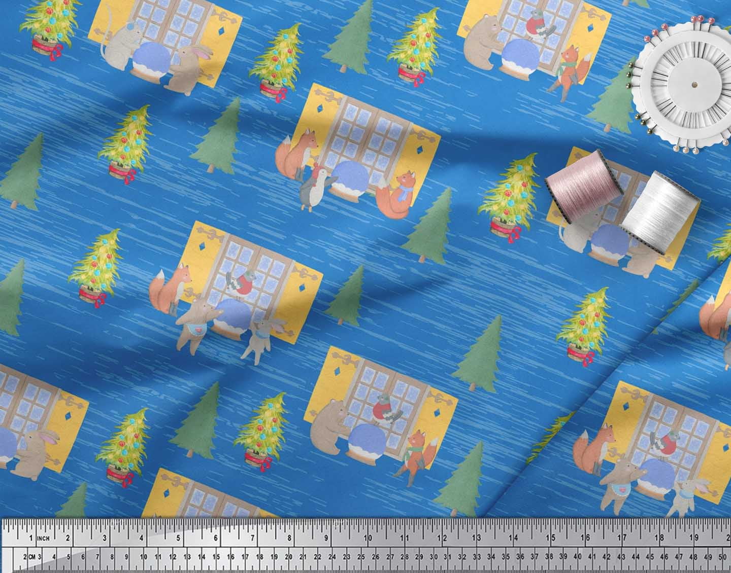 Soimoi Blue polyester Crepe Fabric House,Animals & Tree Christmas Print Fabric by the Yard 42 Inch Wide