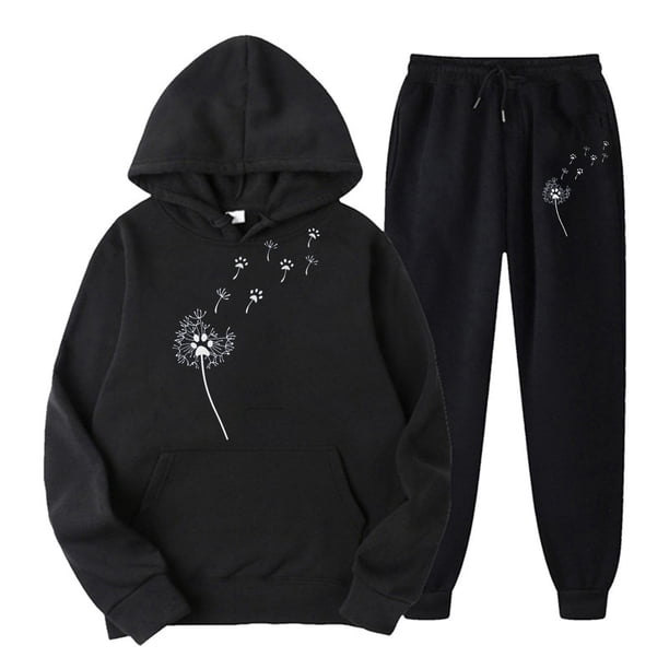 Gibobby Sudaderas de Forro Polar y Pantalones Traje de pantalones con capucha y cuello redondo de manga larga con estampado E informal para mujer otoño e invi(Azul oscuro,CH)