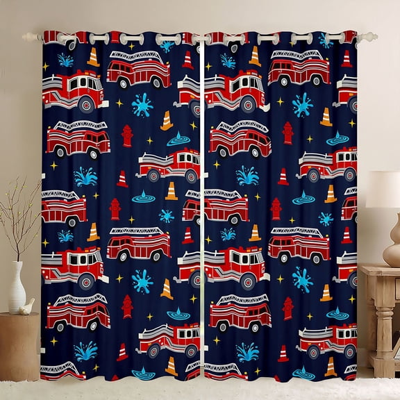 Homewish Kids Boys Fire Truck Blackout Curtains Set of 2 (52x84 Each),Cartoon Car Theme Window Curtains,Firefighter Car Curtains and Drapes,Lightweight Room Decor