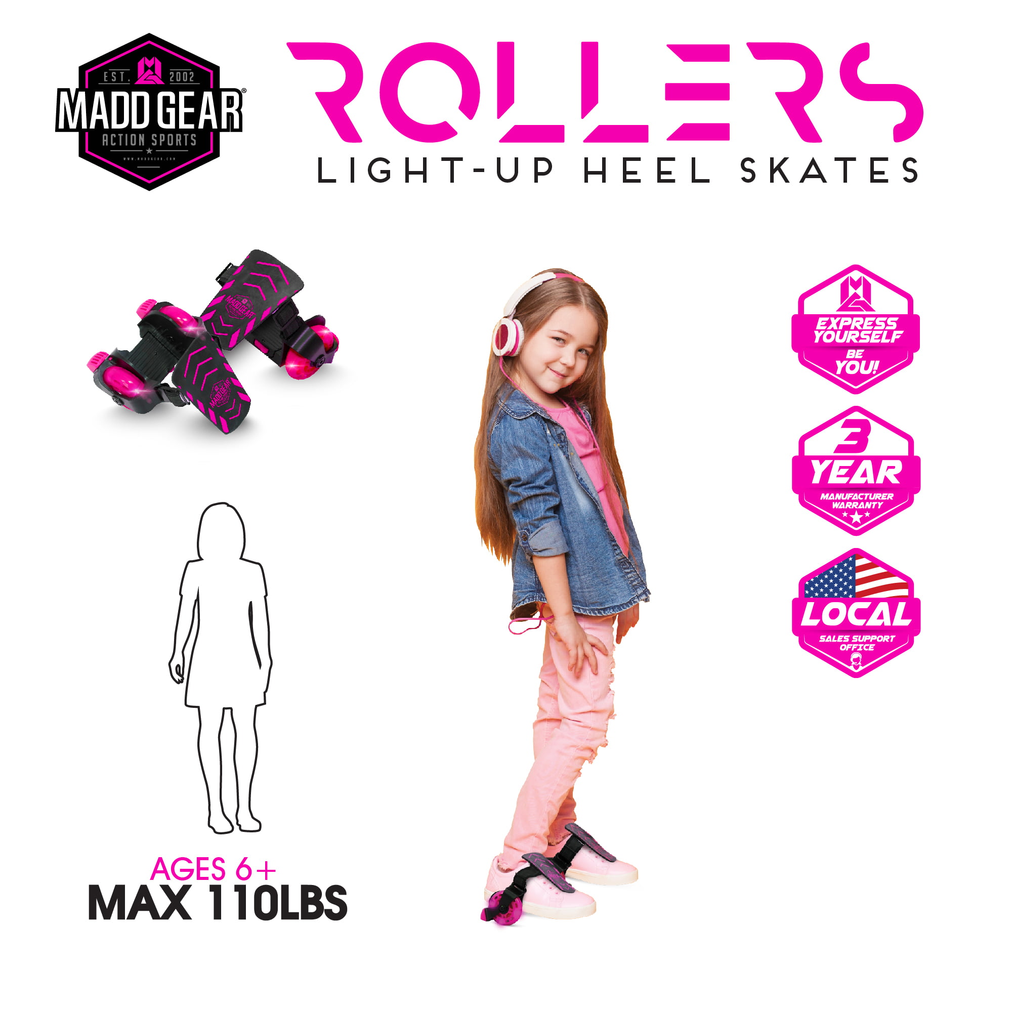 MADD Gear Rollers Light-up Heel Skates Suits Ages 6 Max Rider Weight 110lbs for sale online 