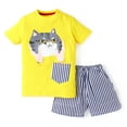 thumbnail image 2 of Knit N Knot Boys' Cat Printed Cotton T-shirt with Shorts | Casual Cotton Combo Set for Kids | Lemon Yellow | 1 set, 2 of 7