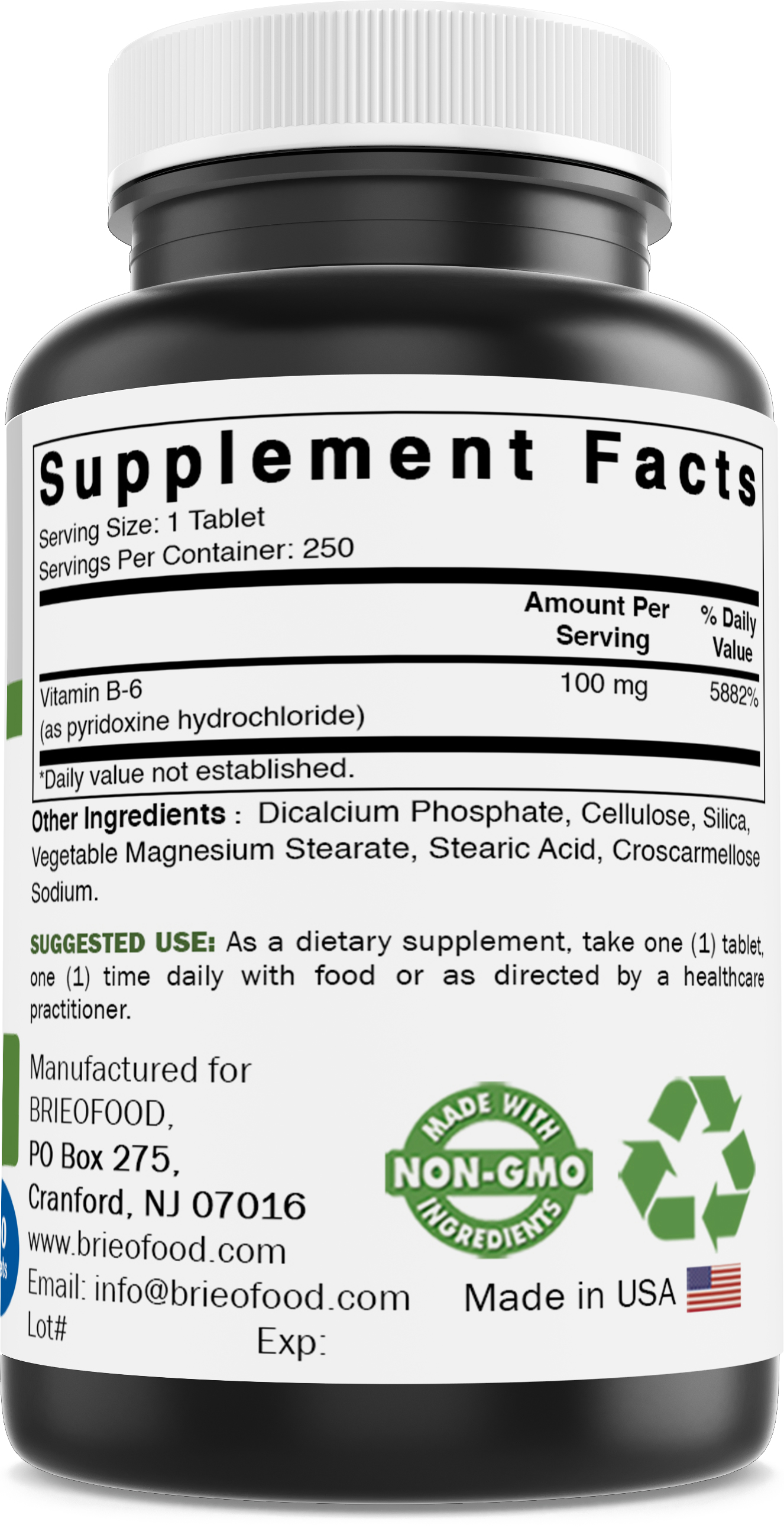 Brieofood Vitamin B6 100 mg 250 Tablets