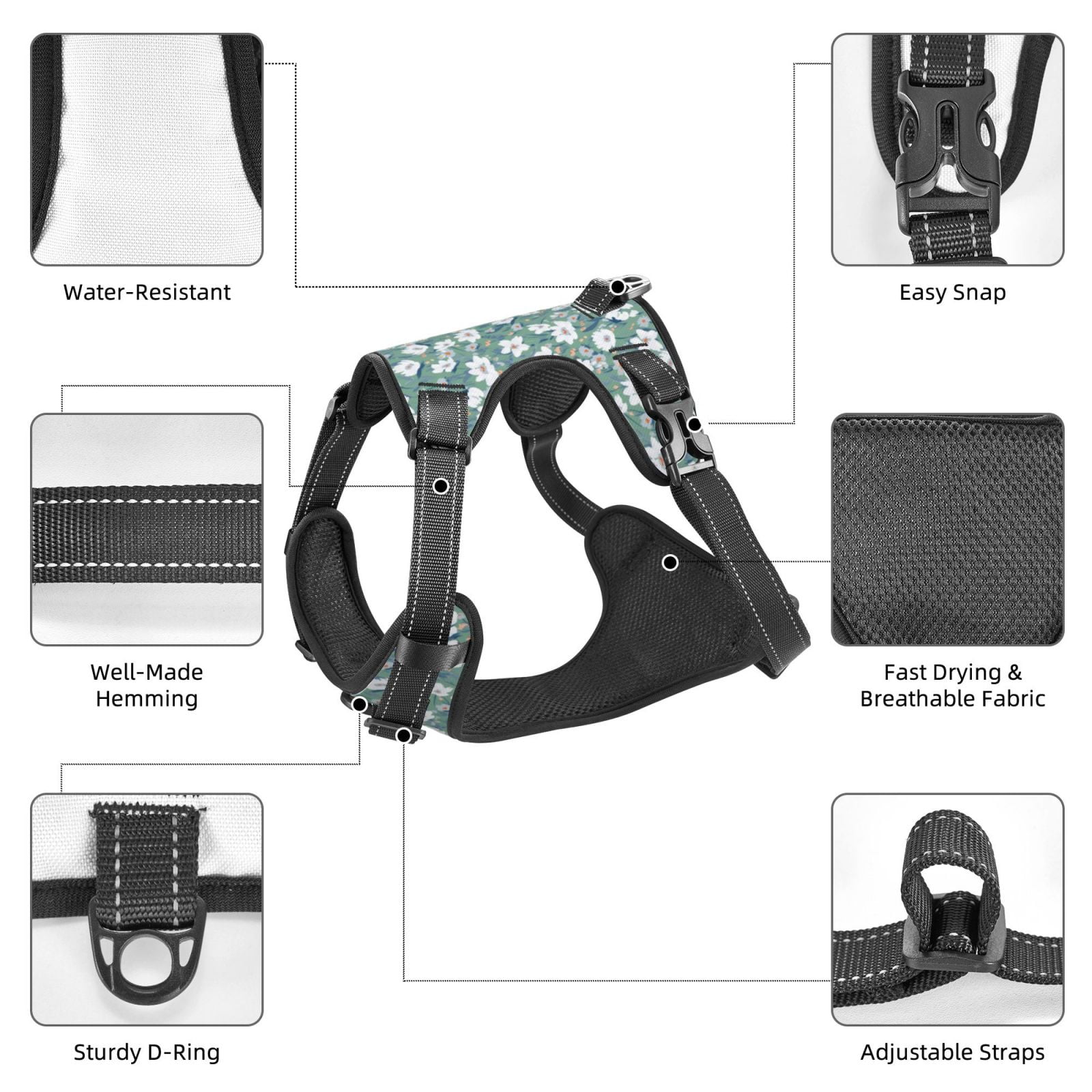 Kdxio Floral Print No Pull Dog Harness Adjustable Reflective Oxford Easy Control Medium Large Dog Harness for Training and Everyday-Small