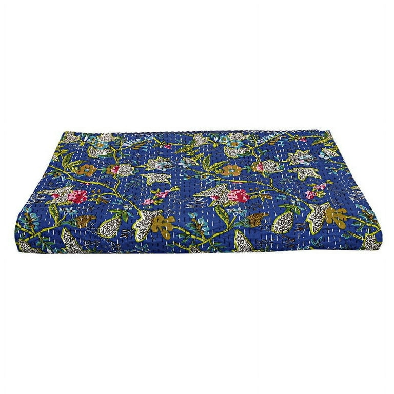 Indian Handmade Navy Peacock Print Kantha 2024 Quilt Bedspread Blanket Cotton Throw Gudri