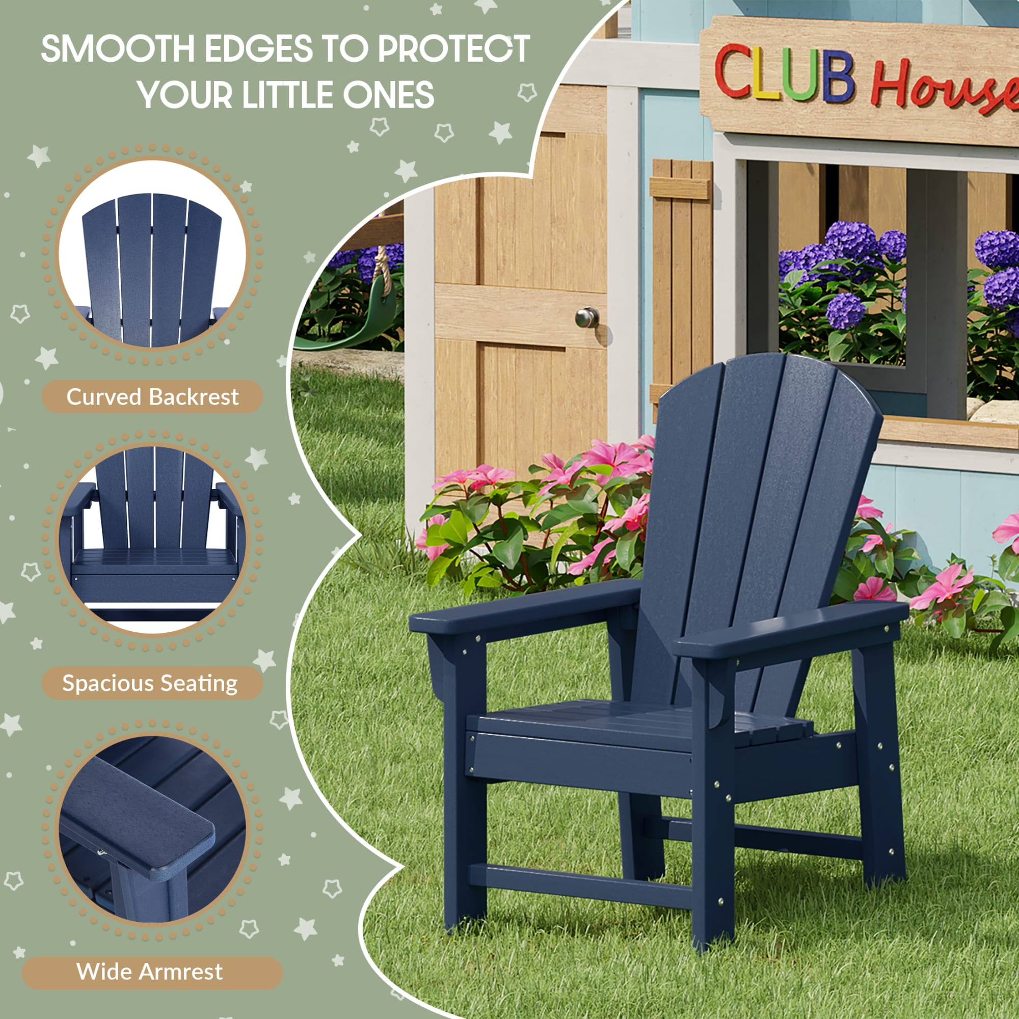 WestinTrends Malibu Kids 3-Piece Outdoor HDPE Adirondack Chairs With Square Side Table Set, Navy Blue