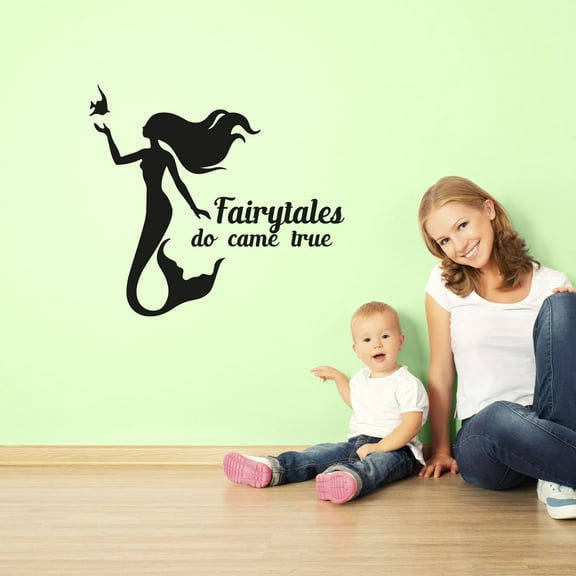 Fairytales Do Come True Quote Mermaid Princess Silhouette Disney Movie Princess Quotes Vinyl Wall Art Wall Decal Wall Sticker Home Decoration Design Kids Girls Room Wall Décor Size (20x20 inch)