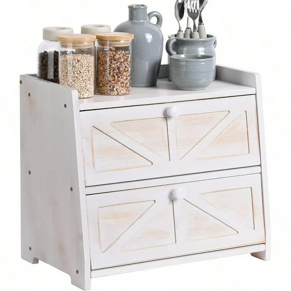 Ollieroo Vintage Double Layer Bread Box For Kitchen Countertop Bamboo Bread Storage Container Breadbox For Homemade Bread Large Capacity Bread Bin White