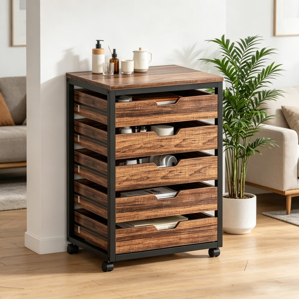 5-Drawer Mobile Storage Cabinet with Wood Veneer & Black Metal Frame, Rolling Printer Stand File Cabinet with Lockable Casters, Top Holds 45LBS for Home Office Bedroom