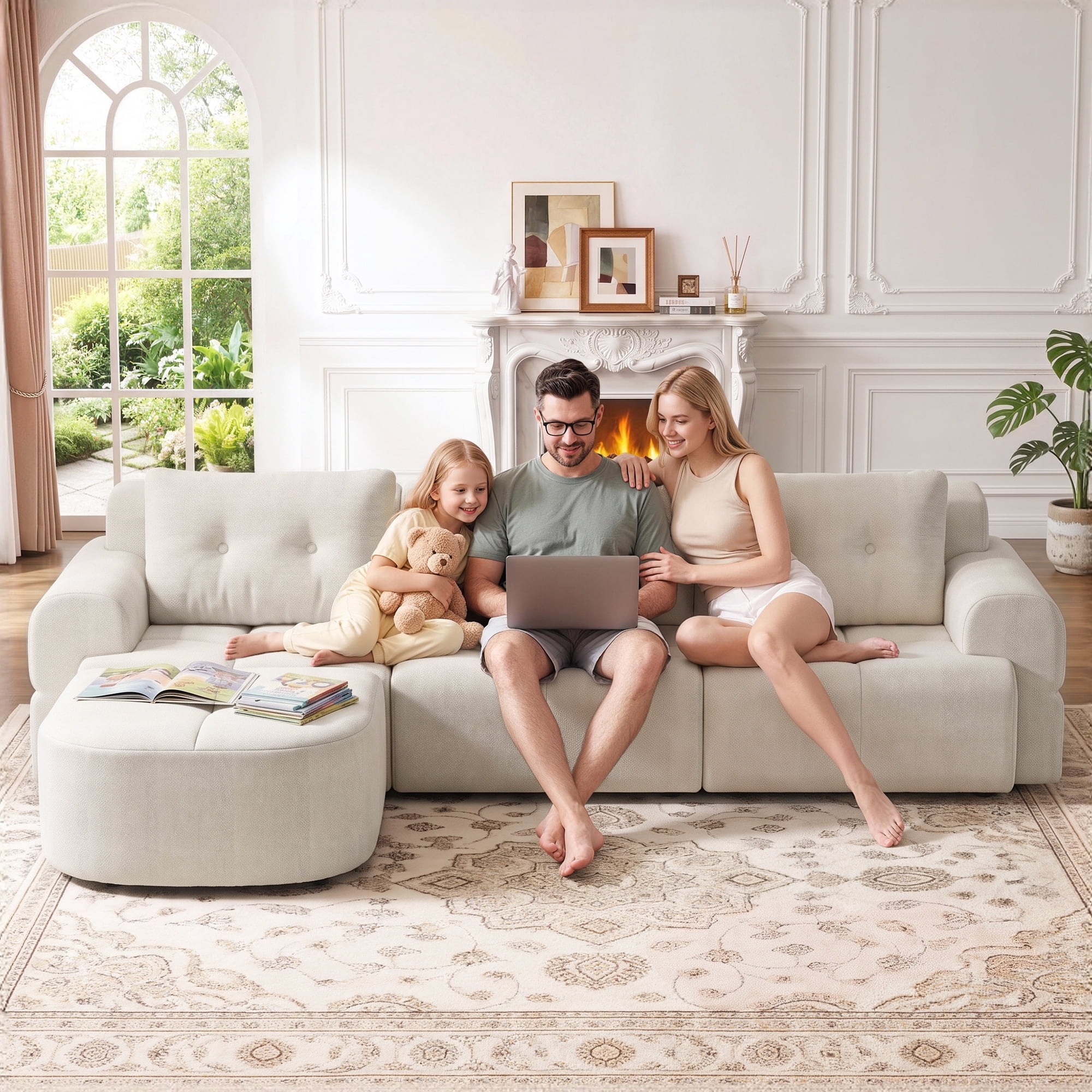 Aukfa 112" Modular Sectional Sofa with Chaise, Full-Foam Boneless Cloud Couch, Woven Chenille Oversized Deep Seat Sofa with 3 Pillows for Living Room, Beige