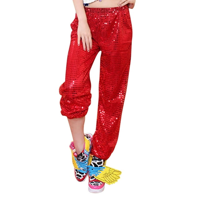 Fgnfyis Pantalons de Jogging à Paillettes pour Femmes, Pantalons Décontractés Skinny pour Fête, Disco, Hiphop, Danse Rouge G