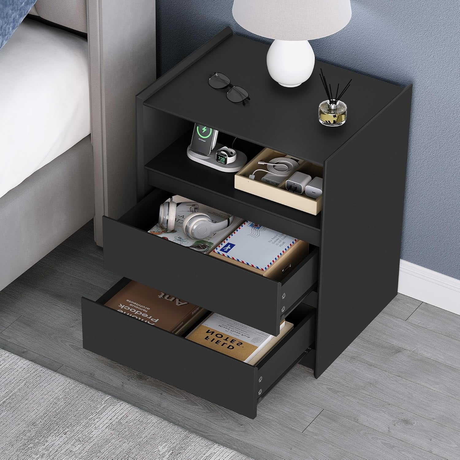 2 Drawers Black Nightstand with Charging Station, 24" Tall Bedside Table End Table for Bedroom or Living Room