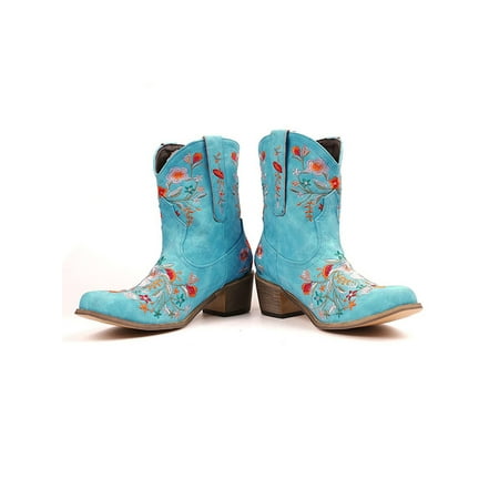 

UKAP Women Boots Round Toe Short Bootie Embroidered Floral Ankle Boot Handsome Winter Shoes Chunky Casual Blue 11
