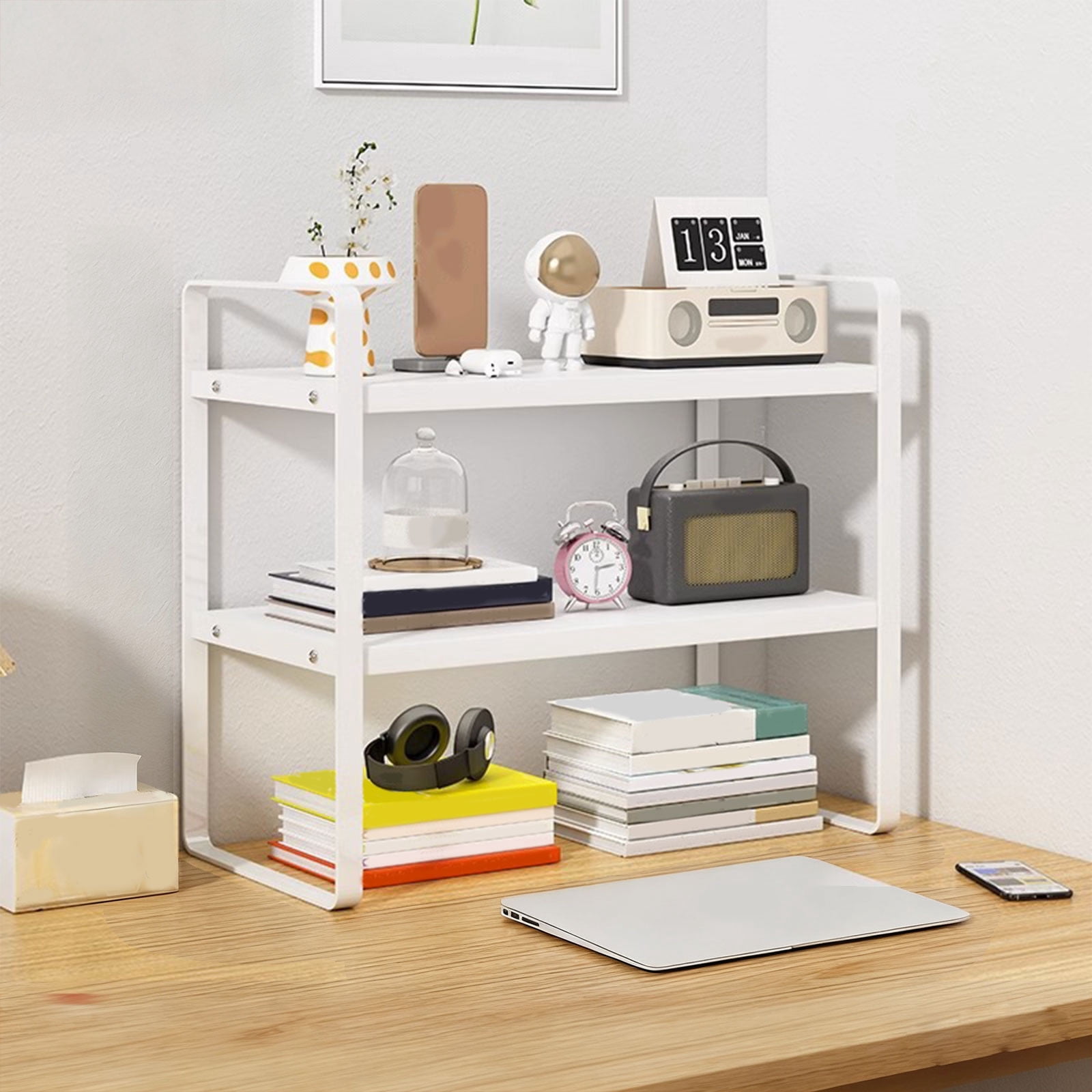 Votnto Double-Tier Desktop Storage Shelf Student Desk Organizer, Office Computer Desk Tiered Shelf for Books Accessories